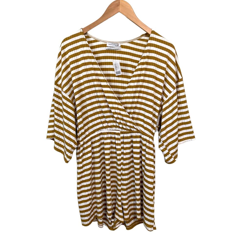 New Urban Outfitters Mustard Striped Deep V Romper Womens size Medium y2k